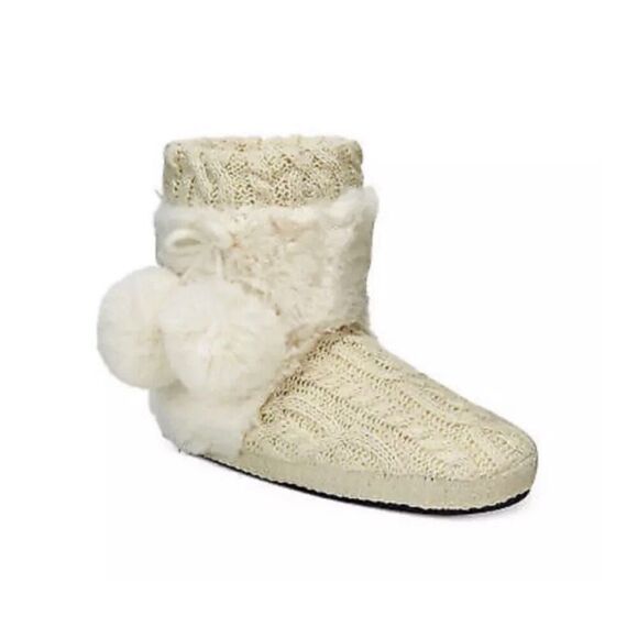 Muk Luks Coralee Slipper Booties Cream Faux Fur & Cozy Cable Knit Sz S 5-6 - Picture 1 of 10